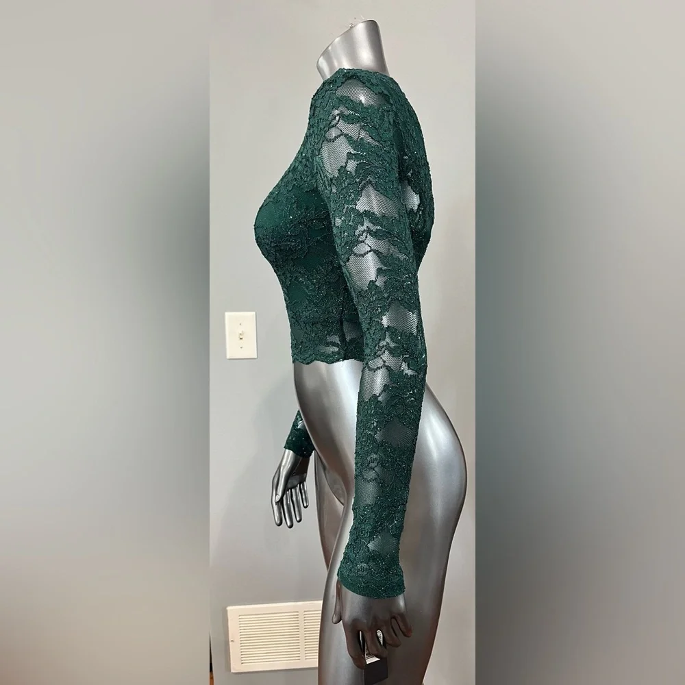 City Studio Emerald Green Lace Glitter Long Sleeves Cropped Top Juniors NWT